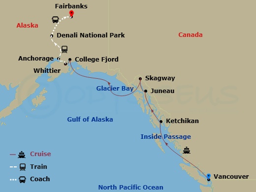 HAL Nieuw Amsterdam Cruise Tours - 14 Night - Ultimate Denali D3c - Tour D3c - HAL Nieuw Amsterdam Cruise Tours - Starting in Vancouver, BC, CA, Scenic Cruising the Inside Passage, Ketchikan, A.. itinerary map
