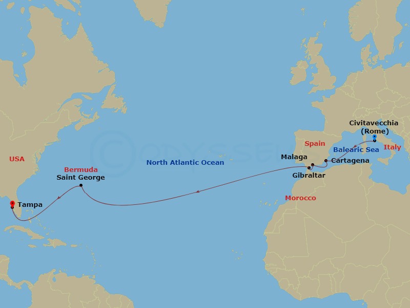 Carnival Legend - 15 Night - Carnival Journeys - Transatlantic - Carnival Legend - Starting in Civitavecchia (Rome), Italy, Cartagena ES, Malaga, Spain, Gibraltar, Bermuda, Tam.. itinerary map