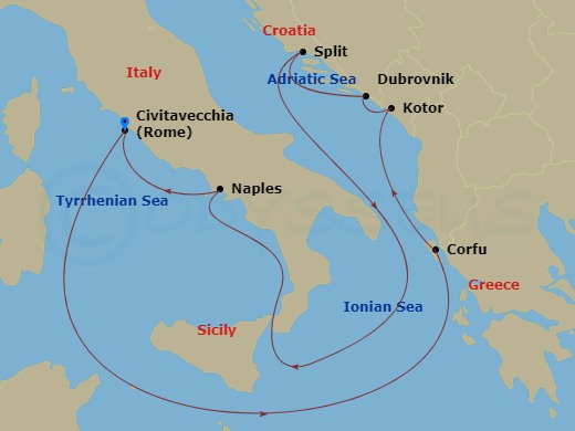 Carnival Legend - 9 Night - Croatia Greece & Italy - Carnival Legend - Starting in Civitavecchia (Rome), Italy, Corfu, Greece, Kotor, Montenegro, Dubrovnik, Croatia, Split, Cro.. itinerary map