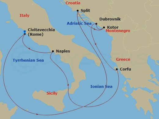 Carnival Legend - 9 Night - Croatia Greece & Italy - Carnival Legend - Starting in Civitavecchia (Rome), Italy, Split, Croatia, Kotor, Montenegro, Dubrovnik, Croatia, Corfu, Gr.. itinerary map