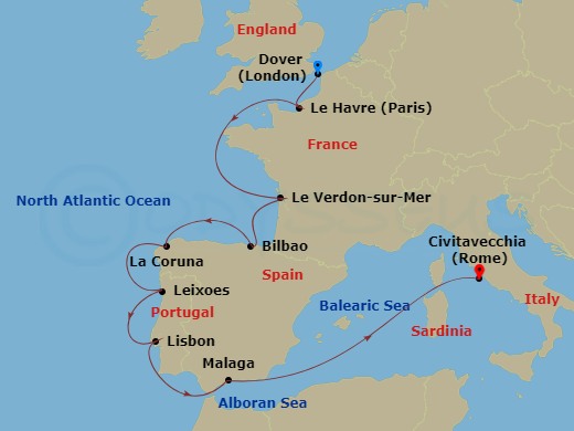 Carnival Legend - 12 Night - Spain Portugal & France - Carnival Legend - Starting in Dover UK (London), England, Le Havre (Paris), France, Le Verdon (Bordeaux), France, Bilbao,.. itinerary map