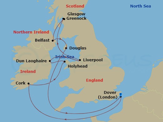 Carnival Legend - 10 Night - British Isles - Carnival Legend - Starting in Dover UK (London), England, Cobh (Cork), Ireland, Holyhead, Wales, Uk, Dun Laoghaire (Dublin), Irelan.. itinerary map