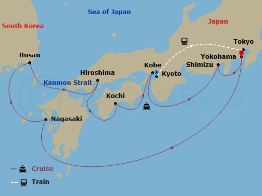 Diamond Princess Cruise Tours - 14 Night - Highlights of Japan - Tour 3D - Diamond Princess Cruise Tours - Starting in Kyoto, Japan, Tokyo, Japan, Tokyo (Yokohama), Japan, Nagasaki, Japan, B.. itinerary map
