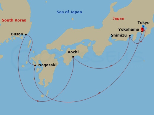 Diamond Princess - 7 Night - Japan & Korea - Diamond Princess - Starting in Tokyo (Yokohama), Japan, Nagasaki, Japan, Busan, South Korea, Kochi, Japan, Shimizu (for Mount Fuji),.. itinerary map