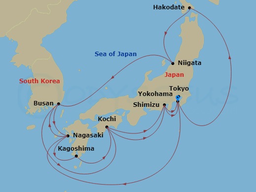 Diamond Princess - 17 Night - Grand Circle Japan - Diamond Princess - Starting in Tokyo (Yokohama), Japan, Hakodate, Japan, Niigata, Japan, Busan, South Korea, Nagasaki, Japan,.. itinerary map