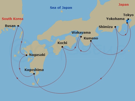 Diamond Princess - 10 Night - Japan Explorer with Kumano Fireworks - Diamond Princess - Starting in Tokyo (Yokohama), Japan, Kumano, Japan, Wakayama, Japan, Kochi, Japan, Busan,.. itinerary map