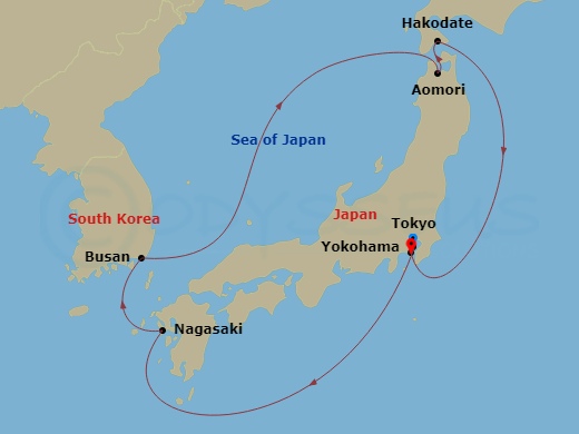 Diamond Princess - 8 Night - Sea of Japan with Nebuta & Summer Festivals - Diamond Princess - Starting in Tokyo (Yokohama), Japan, Nagasaki, Japan, Busan, South Korea, Aomori, J.. itinerary map