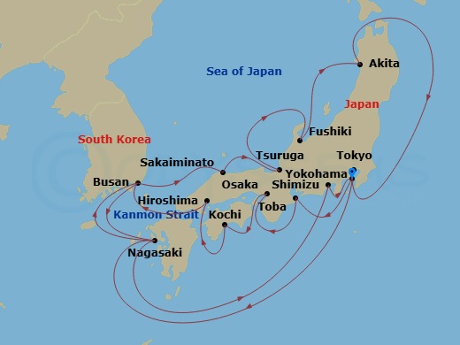 Diamond Princess - 19 Night - Grand Circle Japan - Diamond Princess - Starting in Tokyo (Yokohama), Japan, Nagasaki, Japan, Busan, South Korea, Sakaiminato, Japan, Tsuruga, Japa.. itinerary map