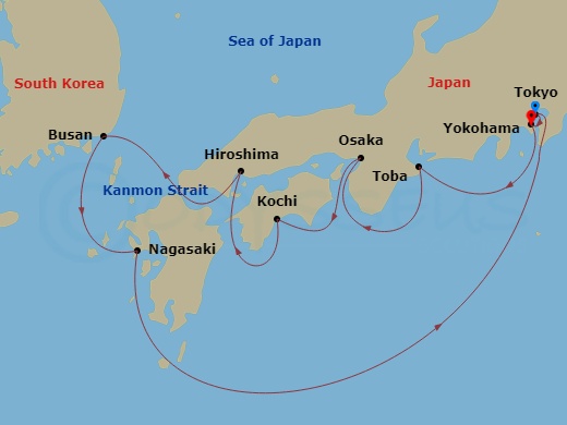Diamond Princess - 9 Night - Japan Explorer - Diamond Princess - Starting in Tokyo (Yokohama), Japan, Toba, Japan, Osaka (for Kyoto), Japan, Kochi, Japan, Hiroshima, Japan, Kanm.. itinerary map