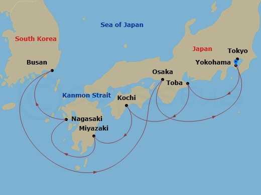 Diamond Princess - 9 Night - Japan Explorer - Diamond Princess - Starting in Tokyo (Yokohama), Japan, Toba, Japan, Kochi, Japan, Miyazaki (Aburatsu), Japan, Nagasaki, Japan, Bus.. itinerary map