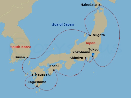 Diamond Princess - 10 Night - Circle Japan - Diamond Princess - Starting in Tokyo (Yokohama), Japan, Hakodate, Japan, Niigata, Japan, Busan, South Korea, Nagasaki, Japan, Kagosh.. itinerary map