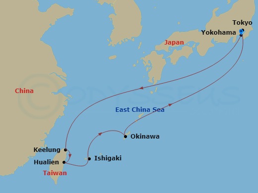 Diamond Princess - 9 Night - Okinawa & Taiwan - Diamond Princess - Starting in Tokyo (Yokohama), Japan, Taipei (Keelung), Hualien, Taiwan, Ishigaki, Japan, Okinawa, Japan, Tokyo.. itinerary map
