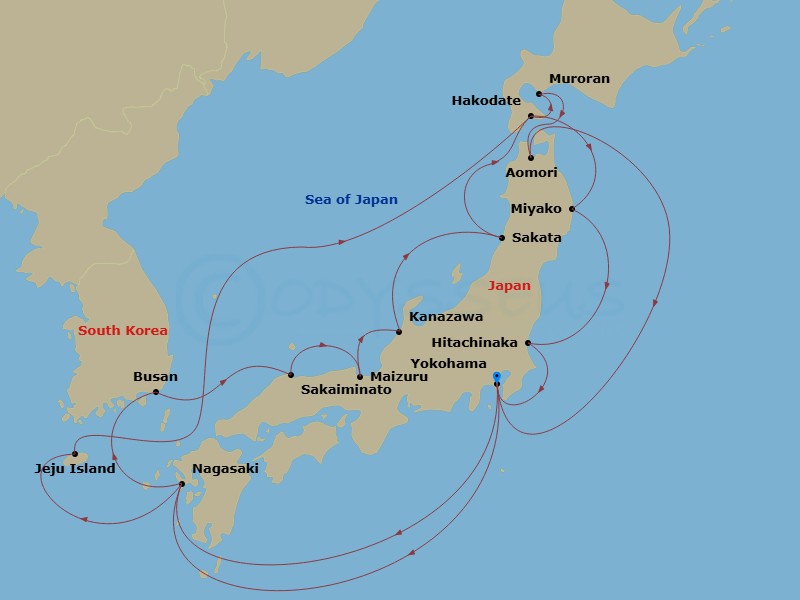 Diamond Princess - 21 Night - Grand Circle Japan Spring Flowers - Diamond Princess - Starting in Tokyo (Yokohama), Japan, Nagasaki, Japan, Busan, South Korea, Sakaiminato, Japan.. itinerary map