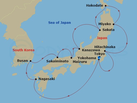 Diamond Princess - 11 Night - Circle Japan Spring Flowers - Diamond Princess - Starting in Tokyo (Yokohama), Japan, Nagasaki, Japan, Busan, South Korea, Sakaiminato, Japan, Maiz.. itinerary map