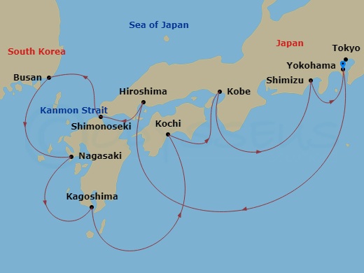 Diamond Princess - 11 Night - Japan Explorer - Diamond Princess - Starting in Tokyo (Yokohama), Japan, Hiroshima, Japan, Kanmon Straits, Japan, Shimonoseki, Japan, Busan, South.. itinerary map