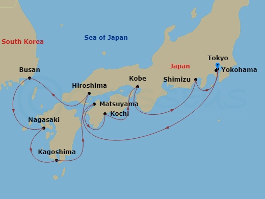 Diamond Princess - 11 Night - Japan Explorer Spring Flowers - Diamond Princess - Starting in Tokyo (Yokohama), Japan, Hiroshima, Japan, Kanmon Straits, Japan, Busan, South Korea.. itinerary map