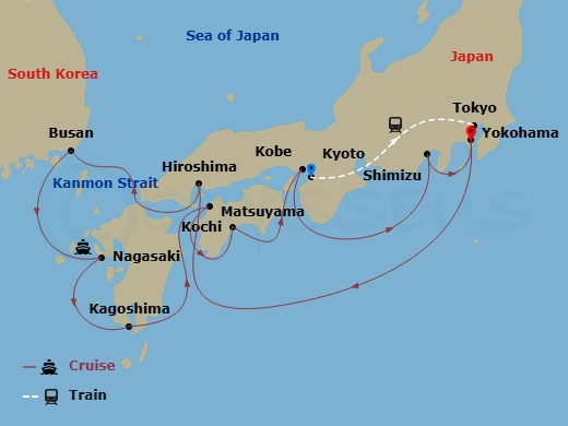 Diamond Princess Cruise Tours - 16 Night - Highlights of Japan - Tour 3B - Diamond Princess Cruise Tours - Starting in Kyoto, Japan, Tokyo, Japan, Tokyo (Yokohama), Japan, Hiroshima, Japan,.. itinerary map