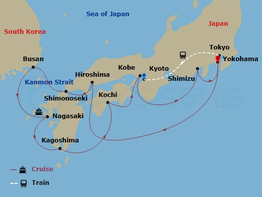 Diamond Princess Cruise Tours - 16 Night - Highlights of Japan - Tour 3B - Diamond Princess Cruise Tours - Starting in Kyoto, Japan, Tokyo, Japan, Tokyo (Yokohama), Japan, Hiroshima, Japan,.. itinerary map
