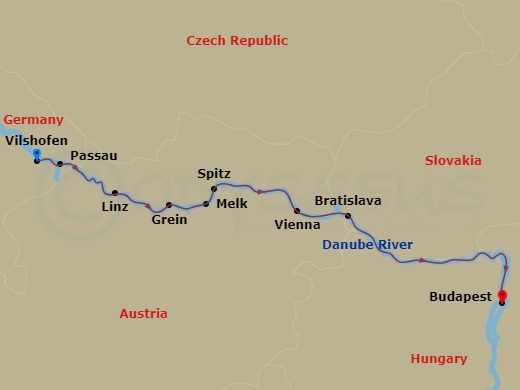 AmaMagna Cruise Tours - 11 Night - Magna On the Danube with Budapest Post-Cruise - AmaMagna Cruise Tours - Starting in Vilshofen, Passau, Linz, Grein, Melk, Spitz, Vienna, Bratislava.. itinerary map