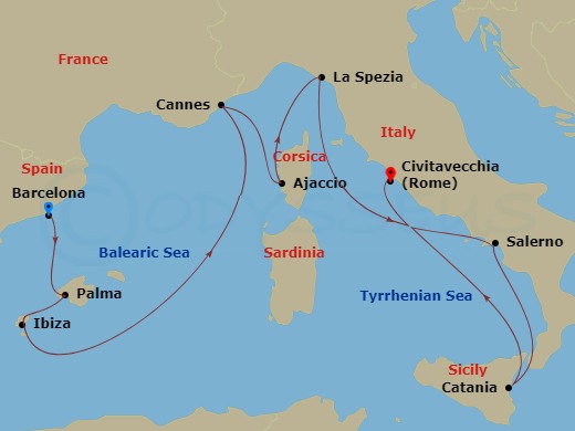 Scarlet Lady - 12 Night - Total Eclipse of the (Med) - Scarlet Lady - Starting in Barcelona, Spain, Palma De Mallorca, Spain, Ibiza, Spain, Cannes, France, Ajaccio, Corsica,.. itinerary map