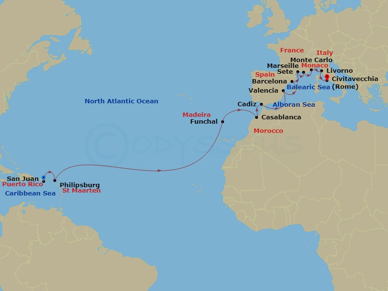 Viking Sea - 21 Night - Mediterranean to Caribbean Sojourn - Viking Sea - Starting in San Juan, Philipsburg, Sail the Atlantic Ocean, Madeira (Funchal), Sail the Atlantic.. itinerary map