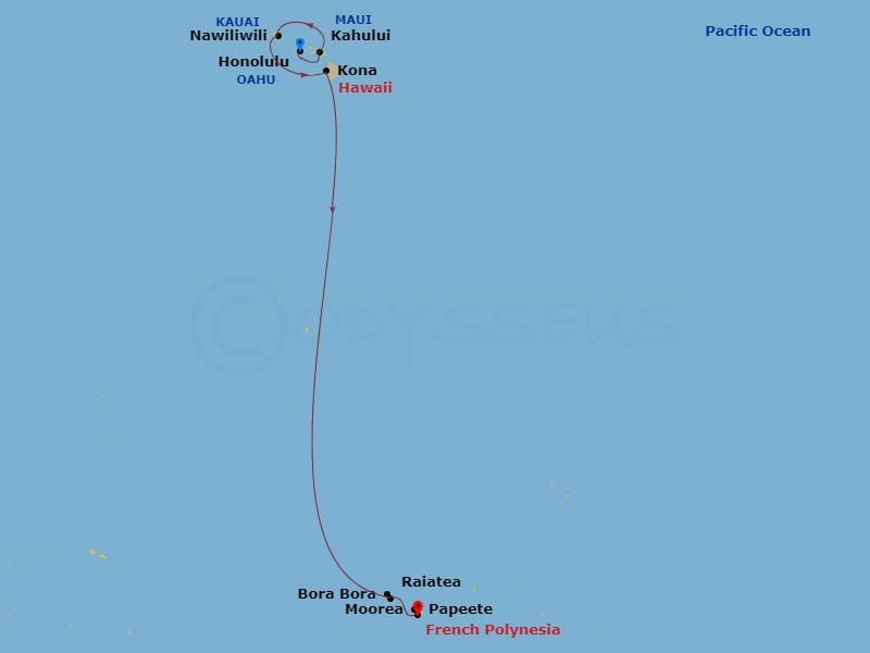NCL Norwegian Spirit - 12 Night - South Pacific - NCL Norwegian Spirit - Starting in Honolulu, Hi, Kahului, Maui, Hi, Nawiliwili, Kauai, Hawaii, Kona, Hi, Bora Bora, French Polynesi.. itinerary map