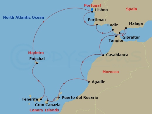 NCL Norwegian Star - 13 Night - Canary Islands / Morocco - NCL Norwegian Star - Starting in Lisbon, Portugal, Funchal, Portugal, Santa Cruz de Tenerife, Las Palmas Gran Canaria, S.. itinerary map