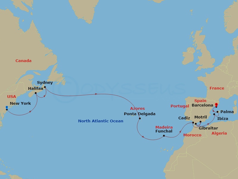 NCL Norwegian Escape - 16 Night - Repo - Transatlantic - NCL Norwegian Escape - Starting in New York City, Ny, Halifax, Canada, Sydney NS, Cape Breton Island, Canada, Ponta Delgada,.. itinerary map