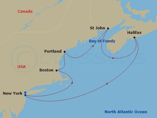 NCL Norwegian Escape - 7 Night - Canada & New England - New York - NCL Norwegian Escape - Starting in New York City, Ny, Boston, Ma, Portland ME, Saint John NB (Bay of Fundy), Halif.. itinerary map