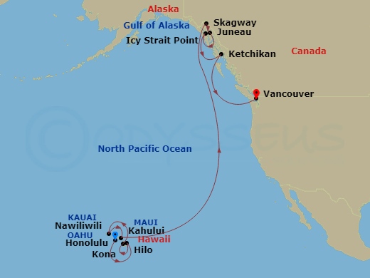NCL Norwegian Spirit - 16 Night - Alaska - NCL Norwegian Spirit - Starting in Honolulu, Hi, Hilo, Hi, Kona, Hi, Nawiliwili, Kauai, Hawaii, Kahului, Maui, Hi, Skagway, Ak, Juneau, Ak.. itinerary map