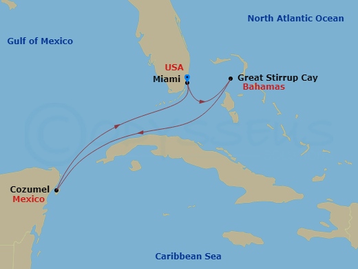 NCL Norwegian Escape - 5 Night - Western Caribbean - Miami - NCL Norwegian Escape - Starting in Miami, Fl, Great Stirrup Cay, Bahamas, Cozumel, Mexico, Miami, Fl itinerary map