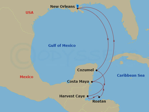 NCL Norwegian Escape - 7 Night - Western Caribbean - New Orleans - NCL Norwegian Escape - Starting in New Orleans, La, Cozumel, Mexico, Harvest Caye, Belize, Roatan Bay Islands, Hon.. itinerary map