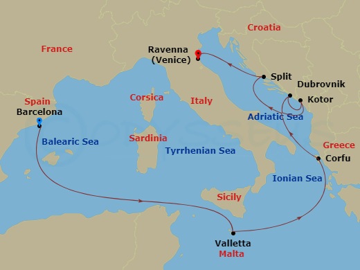 NCL Norwegian Pearl - 7 Night - Europe - Western Mediterranean - Barcelona - NCL Norwegian Pearl - Starting in Barcelona, Spain, Valletta, Malta, Corfu, Greece, Dubrovnik, Croatia,.. itinerary map