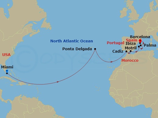 NCL Norwegian Pearl - 15 Night - Repo - Transatlantic - NCL Norwegian Pearl - Starting in Miami, Fl, Ponta Delgada, Portugal, Cadiz / Seville, Spain, Motril, Spain, Ibiza, Spain, P.. itinerary map