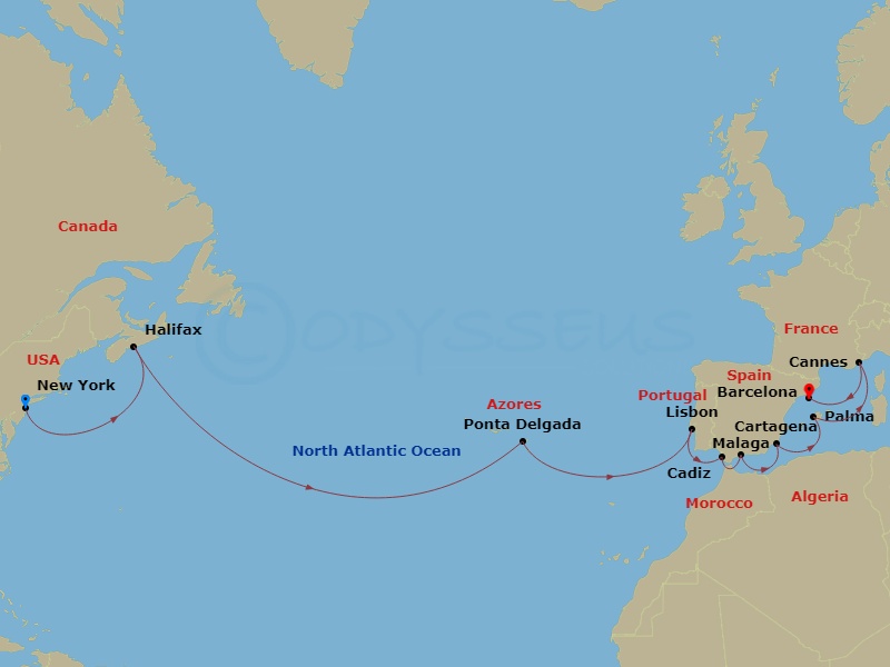 NCL Norwegian Gem - 15 Night - Repo - Transatlantic - NCL Norwegian Gem - Starting in New York City, Ny, Halifax, Canada, Ponta Delgada, Portugal, Lisbon, Portugal, Cadiz / Sevil.. itinerary map