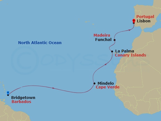 Silver Spirit - 13 Night - Bridgetown to Lisbon - Silver Spirit - Starting in Bridgetown, Mindelo, Santa Cruz de La Palma, Funchal, Madeira, Lisbon itinerary map