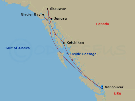 HAL Nieuw Amsterdam - 7 Night - Alaska Inside Passage - HAL Nieuw Amsterdam - Starting in Vancouver, BC, CA, Scenic Cruising the Inside Passage, Juneau, Alaska, Skagway, Alaska, Gl.. itinerary map
