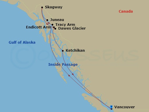 HAL Koningsdam - 7 Night - Alaska Inside Passage - HAL Koningsdam - Starting in Vancouver, BC, CA, Scenic Cruising the Inside Passage, Tracy Arm Inlet, Juneau, Alaska, Skagway.. itinerary map