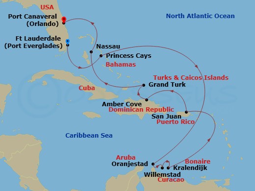 Caribbean Princess - 13 Night - Southern Caribbean Islander - Caribbean Princess - Starting in Fort Lauderdale, Florida, Princess Cays, Bahamas, Aruba, Curacao, Bonaire, Caribbean.. itinerary map