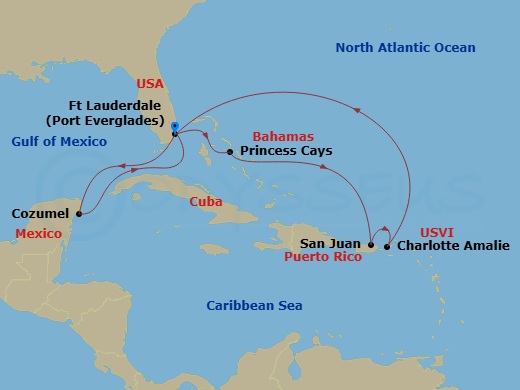 Sun Princess - 11 Night - Caribbean East / West Adventurer - Sun Princess - Starting in Fort Lauderdale, Florida, Princess Cays, Bahamas, San Juan, Puerto Rico, St Thomas, U.. itinerary map