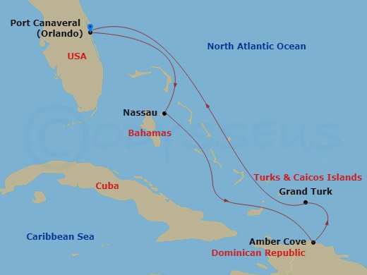 Caribbean Princess - 6 Night - Eastern Caribbean with Turks & Caicos - Caribbean Princess - Starting in Port Canaveral (Orlando), Florida, Nassau, Bahamas, Amber Cove, Dominican R.. itinerary map
