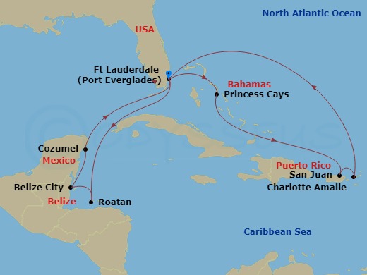 Regal Princess - 14 Night - Eastern / Western Caribbean Adventurer - Regal Princess - Starting in Fort Lauderdale, Florida, Princess Cays, Bahamas, San Juan, Puerto Rico, St T.. itinerary map