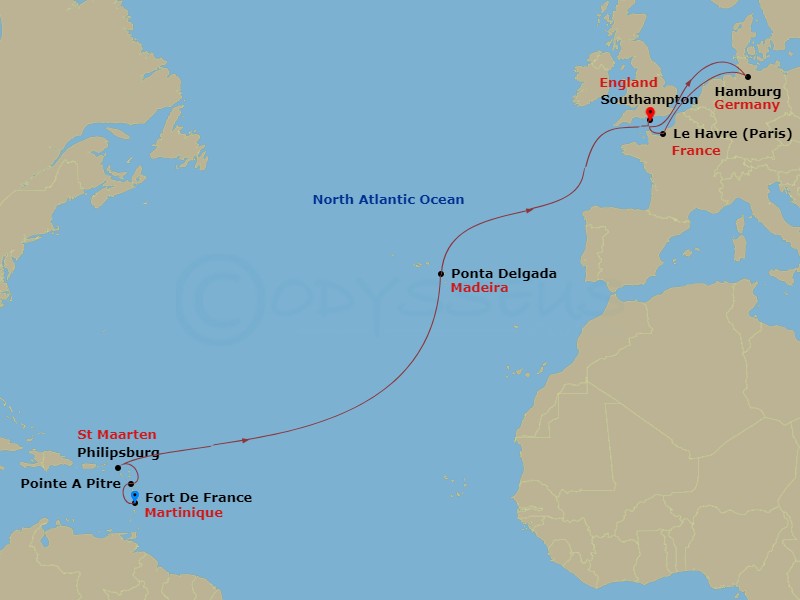 MSC Virtuosa - 16 Night - Msc Grand Voyages - MSC Virtuosa - Starting in Fort-de-France, Martinique, Pointe-A-Pitre, Guadeloupe, Philipsburg, St Maarten, Ponta Delgada (Azor.. itinerary map