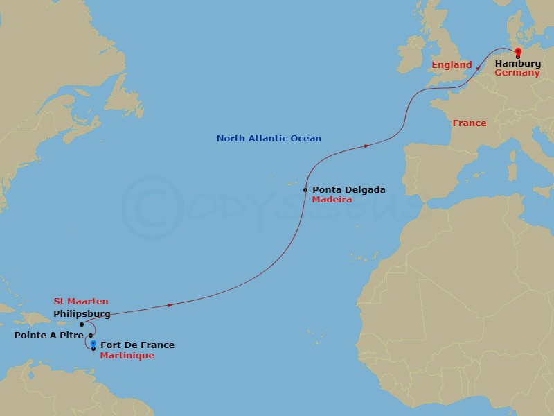 MSC Virtuosa - 13 Night - Fdf - MSC Virtuosa - Starting in Fort-de-France, Martinique, Pointe-A-Pitre, Guadeloupe, Philipsburg, St Maarten, Ponta Delgada (Azores), Portugal,.. itinerary map