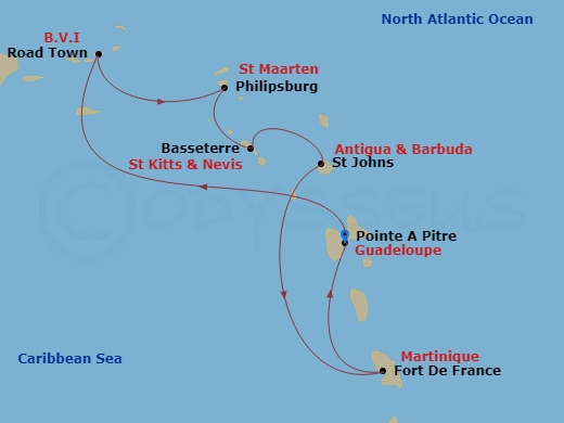 MSC Virtuosa - 7 Night - South Caribbean - MSC Virtuosa - Starting in Pointe-A-Pitre, Guadeloupe, Road Town (Tortola), British Virgin Islands, Philipsburg, St Maarten, Basse.. itinerary map