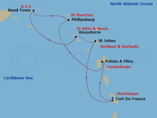 MSC Virtuosa - 7 Night - South Caribbean - MSC Virtuosa - Starting in Fort-de-France, Martinique, Pointe-A-Pitre, Guadeloupe, Philipsburg, St Maarten, Road Town (Tortola), B.. itinerary map
