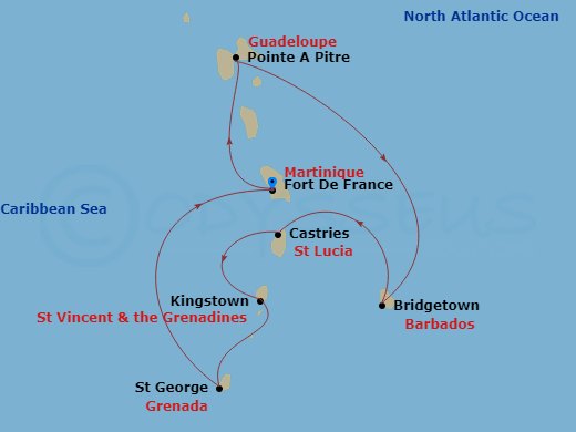 MSC Virtuosa - 7 Night - South Caribbean - MSC Virtuosa - Starting in Fort-de-France, Martinique, Pointe-A-Pitre, Guadeloupe, Bridgetown, Barbados, Castries, Saint Lucia, Ki.. itinerary map