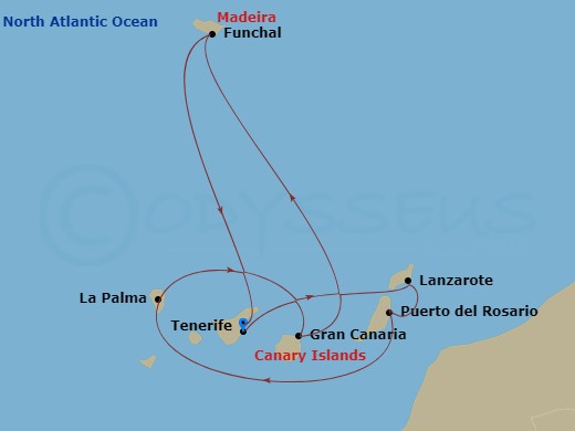 MSC Musica - 7 Night - Canary Islands and Madeira - MSC Musica - Starting in Santa Cruz de Tenerife, Arrecife De Lanzarote (Canary Islands), Spain, Puerto Del Rosario / Fu.. itinerary map