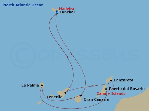 MSC Musica - 7 Night - Canary Islands and Madeira - MSC Musica - Starting in Funchal (Madeira Islands), Portugal, Santa Cruz de Tenerife, Arrecife De Lanzarote (Canary Isl.. itinerary map