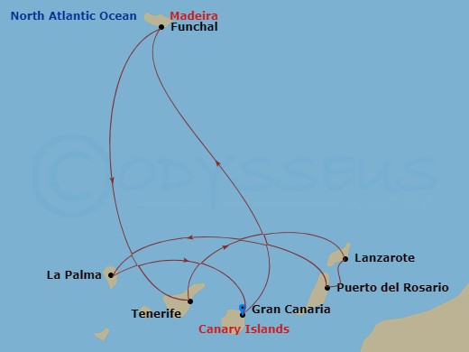 MSC Musica - 7 Night - Canary Islands and Madeira - MSC Musica - Starting in Las Palmas de Gran Canaria (Canary Islands), Spain, Funchal (Madeira Islands), Portugal, Santa.. itinerary map
